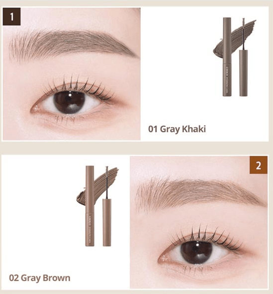 Close-up of an eye with defined eyebrow using gray khaki and gray brown tinted eyebrow mascara wands beside swatches