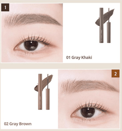 Close-up of an eye with defined eyebrow using gray khaki and gray brown tinted eyebrow mascara wands beside swatches