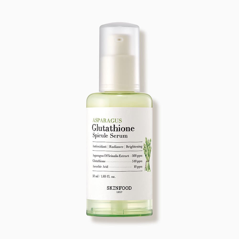 Clear pump bottle of brightening serum with asparagus extract details and minimalist white label design