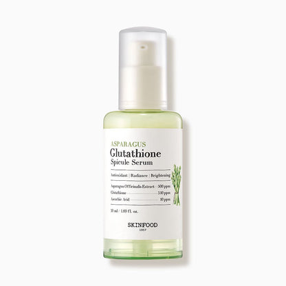 Clear pump bottle of brightening serum with asparagus extract details and minimalist white label design