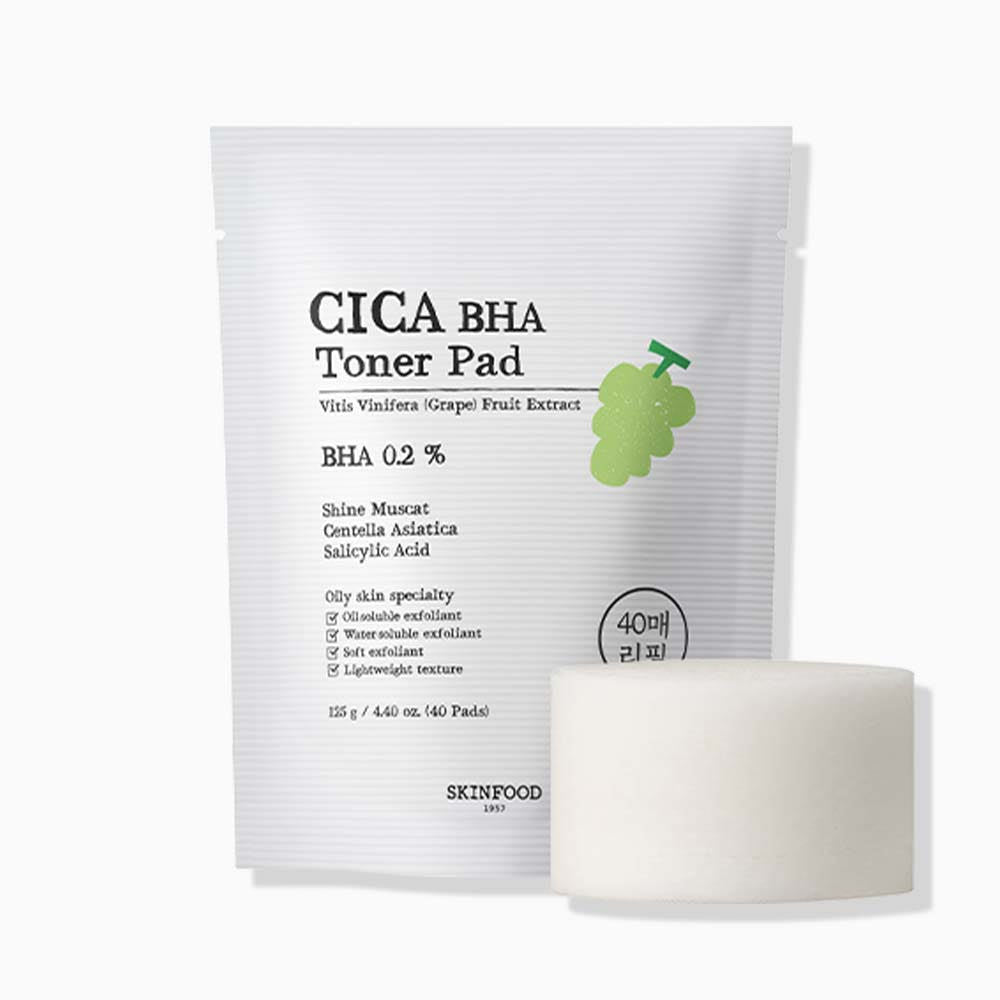 White refill pouch of Shine Muscat Cica BHA toner pads with soft textured round pads for oil control skincare routine