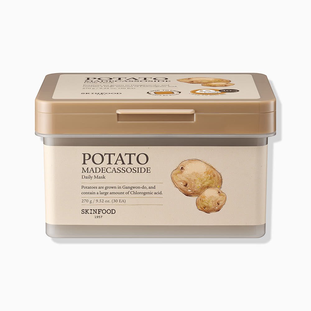 Beige and light brown container of daily mask sheet with potato illustration and hydration-boosting formula text