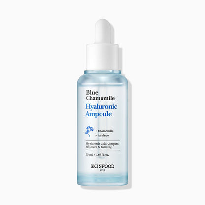 Clear blue glass dropper bottle of hydrating chamomile ampoule with white cap and minimalistic label on white background