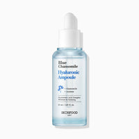 Minimalist clear blue ampoule bottle with white dropper cap highlighting hydration and calming skincare benefits