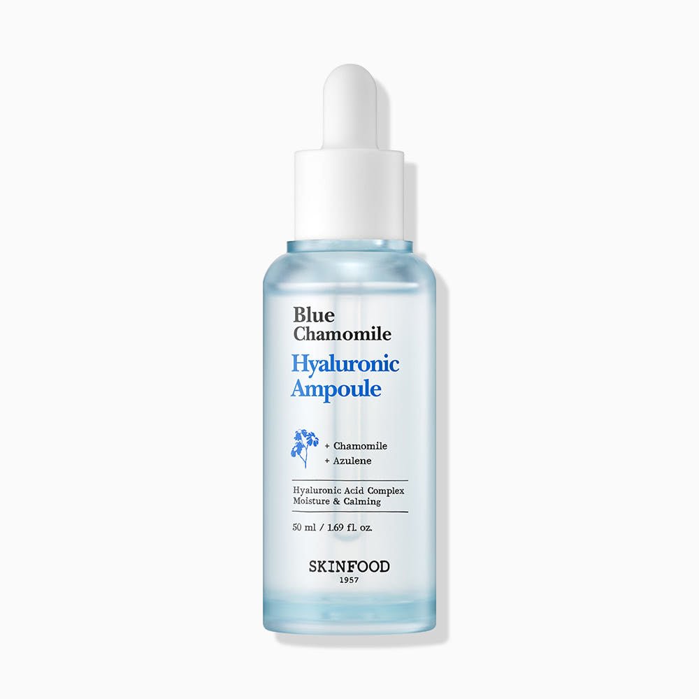 Minimalist clear blue ampoule bottle with white dropper cap highlighting hydration and calming skincare benefits