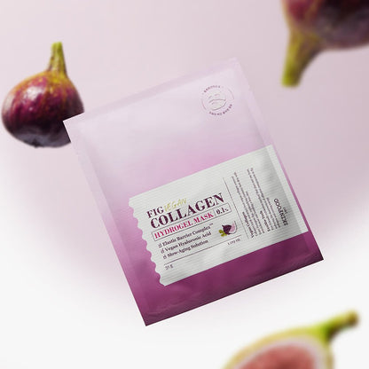 Purple gradient hydrogel mask packet with fig illustrations surrounded by fresh figs on soft pink background