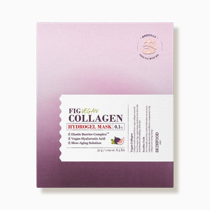 Purple gradient box of fig collagen hydrogel face mask sheets highlighting hydration and anti-aging benefits