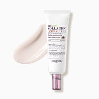Tube of vegan collagen cream with soft beige cream swatch on white background promoting elasticity restoration