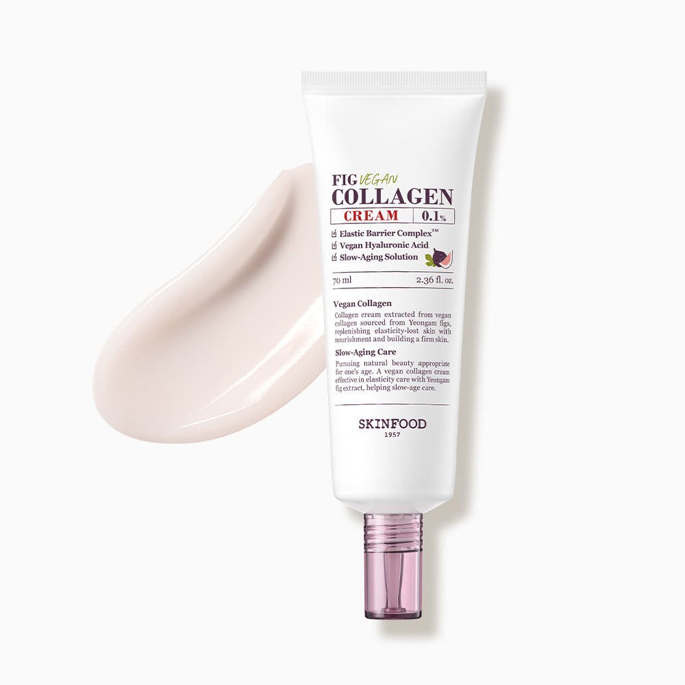 Tube of vegan collagen cream with soft beige cream swatch on white background promoting elasticity restoration