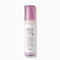 Tall frosted bottle with light pink cap containing vegan collagen ampoule for enhanced skin elasticity and anti-aging care