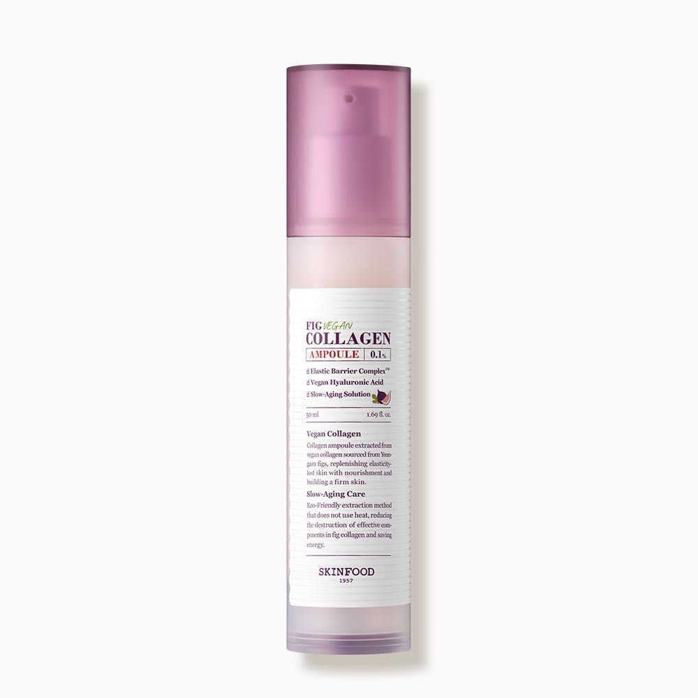 Tall frosted bottle with soft pink dispenser containing vegan collagen ampoule for enhanced skin elasticity