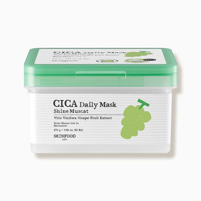Square container of soothing daily face masks featuring grape fruit extract with green lid and minimalist label design