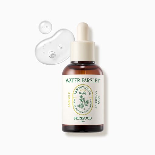Amber dropper bottle of hydrating water parsley ampoule with clear serum drops on white background