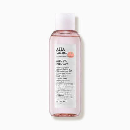 Clear pink-tinted toner bottle with white label highlighting exfoliating AHAs and natural grapefruit ingredient benefits
