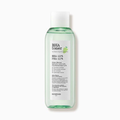 Transparent light green toner bottle with white cap and label detailing gentle purifying BHA and PHA formula