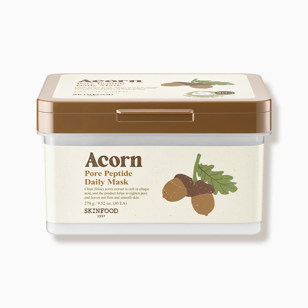 Square beige and brown container of brightening acorn pore peptide mask with acorn illustration on label