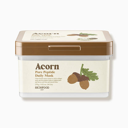 Square beige and brown container of brightening acorn pore peptide mask with acorn illustration on label