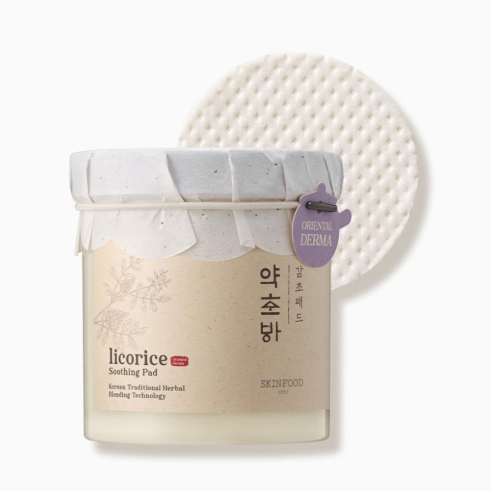 Opaque jar of soothing licorice pads with textured surface and natural beige label highlighting cooling effect benefits
