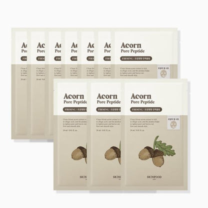 Set of beige and cream pore tightening peptide mask sachets featuring acorn illustrations on soft background