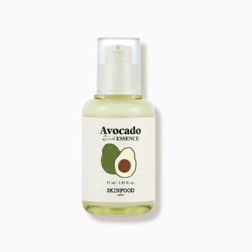 Clear bottle of moisturizing avocado essence with pump dispenser and simple label featuring avocado illustration on white background