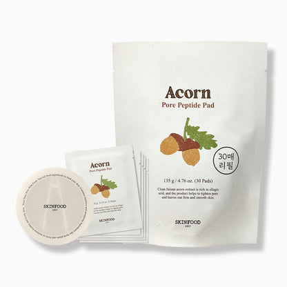 Refill pack and individual peptide pads with acorn illustration for pore tightening and smooth skin care routine