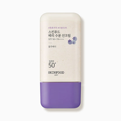 Compact white and purple bottle of high protection berry moisturizing sun cream with SPF50+ PA++++ text on front