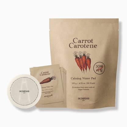 Brown resealable pouch and individual calming water pad packets with carrot illustration and minimalist design