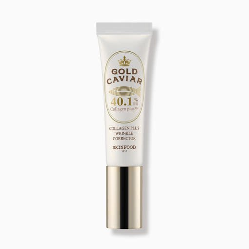 White tube of wrinkle corrector cream with gold cap and elegant gold lettering highlighting collagen plus formula