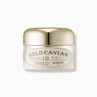 Small jar of collagen-enriched eye cream with gold-tone lid promoting enhanced elasticity and hydration