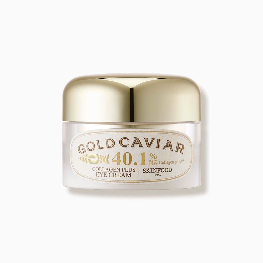 Jar of Gold Caviar Collagen Plus eye cream with gold-toned lid promoting enhanced elasticity in a clear container.