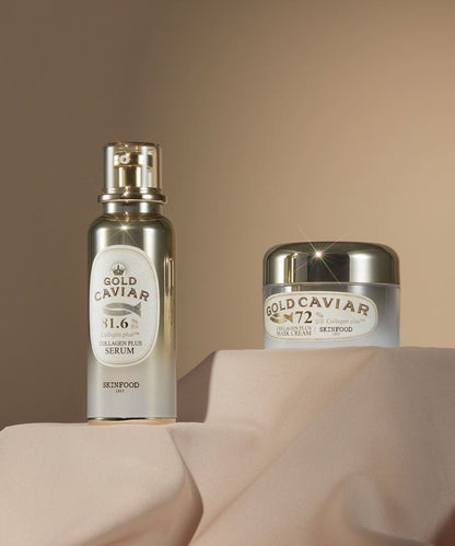 Gold Caviar Collagen Plus serum and mask cream in elegant gold and white packaging on beige fabric backdrop