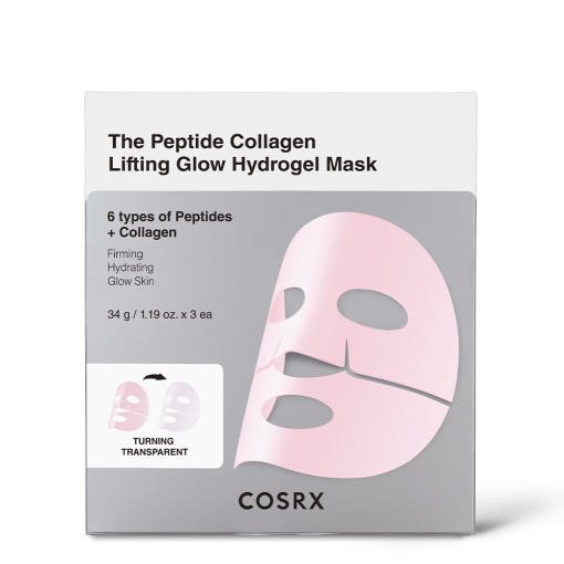 Box packaging of peptide collagen lifting hydrogel mask featuring a soft pink sheet mask illustration and hydration benefits text