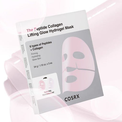 Packaging of peptide collagen hydrogel mask with lifting and glow benefits emphasizing hydration and firming effects