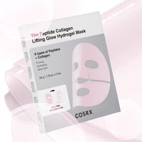 Packaging of peptide collagen hydrogel mask with pink sheet mask illustration highlighting hydration and firming benefits