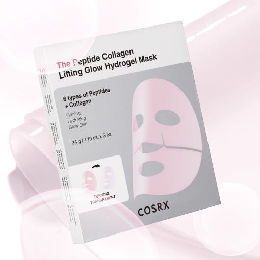 Packaging of peptide collagen hydrogel mask with pink sheet mask illustration highlighting hydration and firming benefits