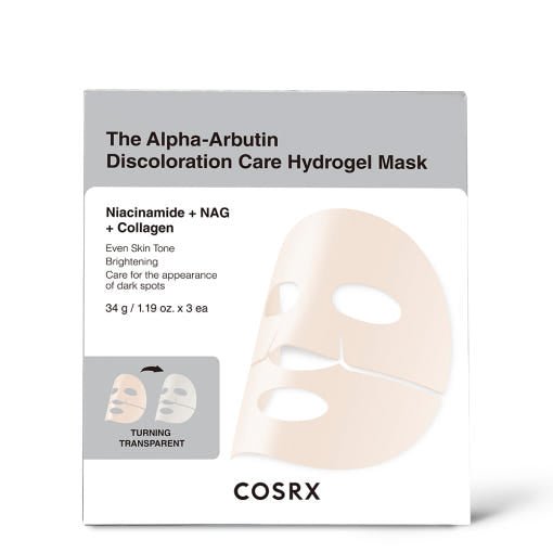 Box of hydrogel masks featuring Alpha-Arbutin for brightening and improving dark spot appearance on skin