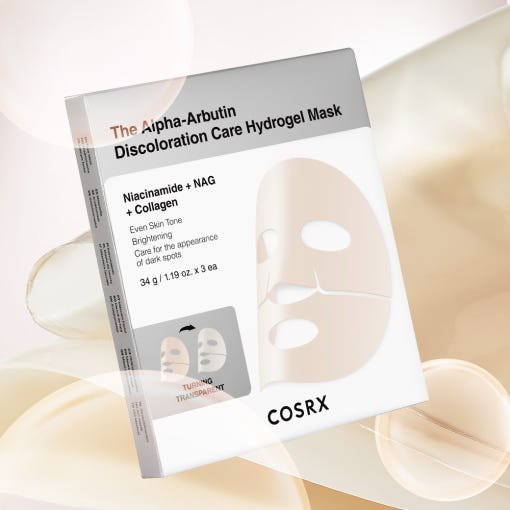 Box of brightening hydrogel face masks highlighting niacinamide and collagen for even skin tone and dark spot care