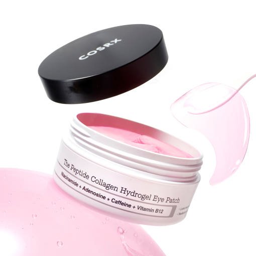 Open white jar with pink hydrogel eye patches and black lid floating above against white background