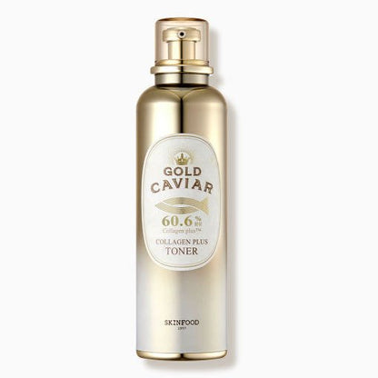 Sleek gold-tone collagen toner bottle with elegant label highlighting hydration and collagen boost benefits