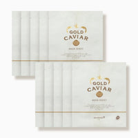 Ten white mask sheet packets with gold and brown lettering highlighting nourishing formula and gold caviar essence.