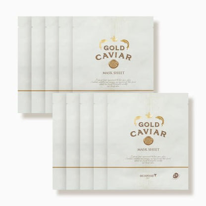 Ten white mask sheet packets with gold and brown lettering highlighting nourishing formula and gold caviar essence.