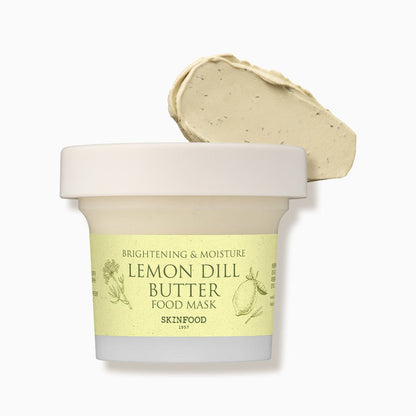 Light creamy beige lemon dill butter mask in white jar with pale yellow label showing herb and lemon sketches