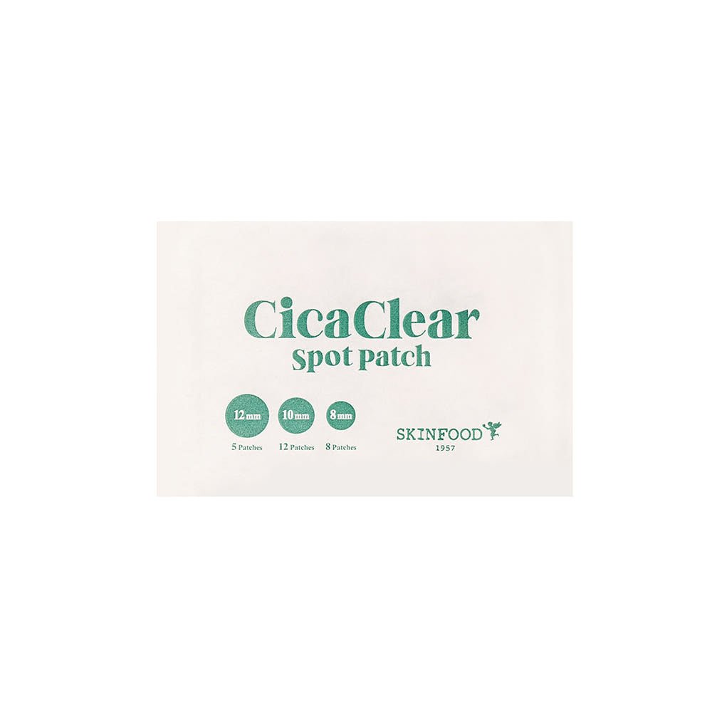 White package of ultra-thin SKINFOOD Cica Clear spot patches showing three patch sizes in green text and icons