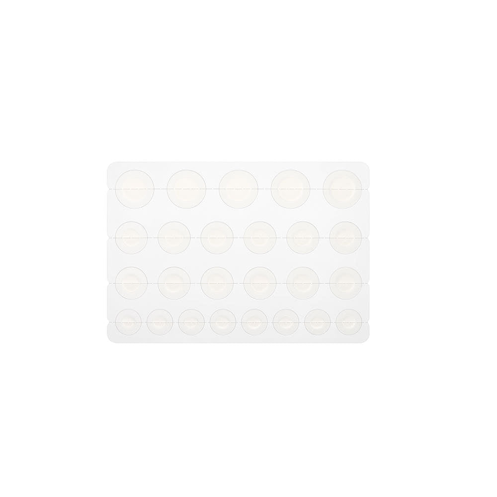 Three clear adhesive spot patches in ultra-thin sheets arranged in rows on a white background