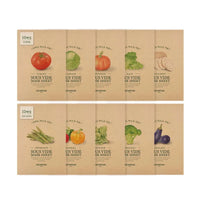 Ten vegetable-inspired sous vide mask sheets with natural ingredient illustrations on kraft paper packaging