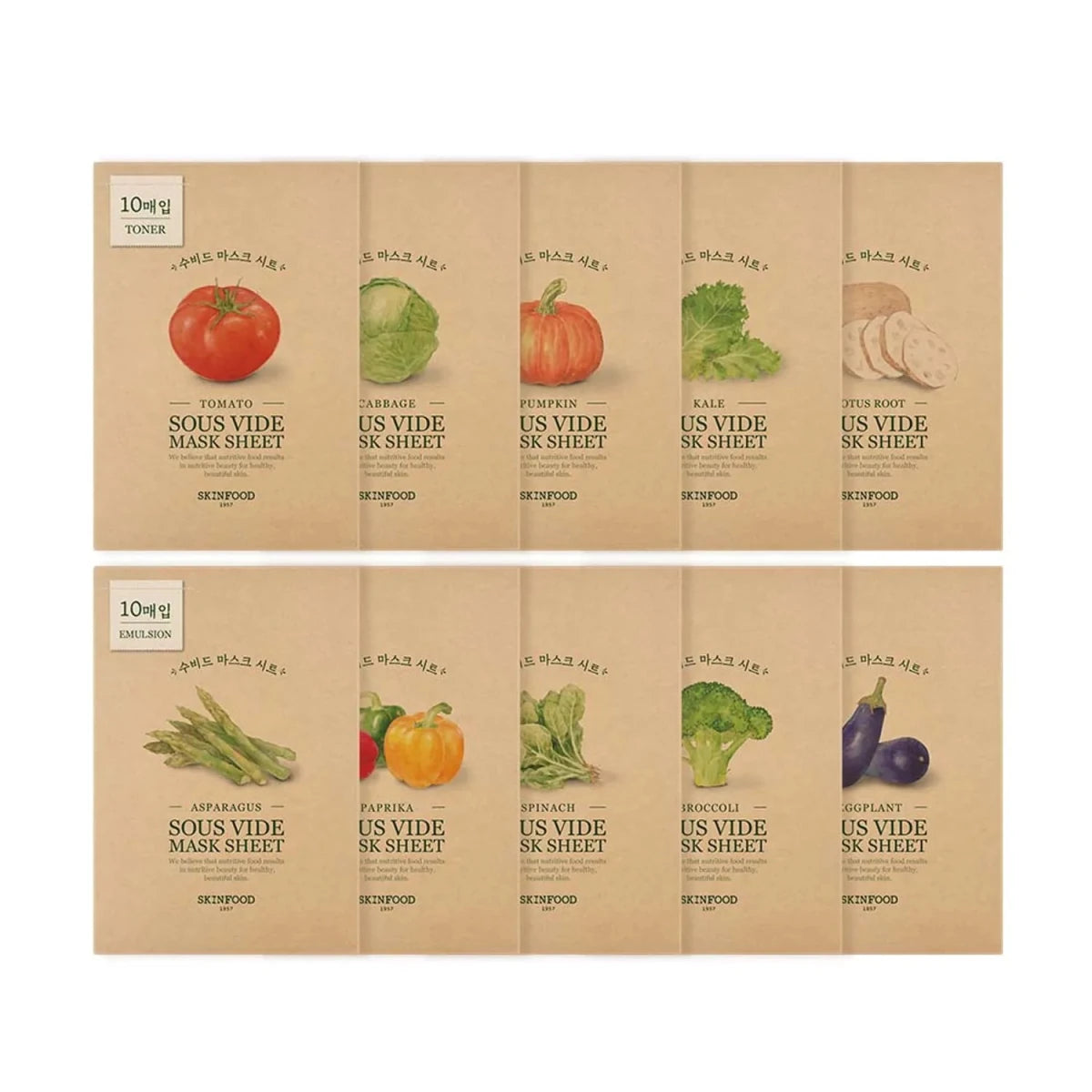 Ten vegetable-inspired sous vide mask sheets with natural ingredient illustrations on kraft paper packaging