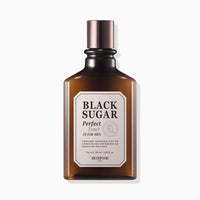 Brown glass bottle of black sugar toner for men with a minimalist white label highlighting brightening benefits