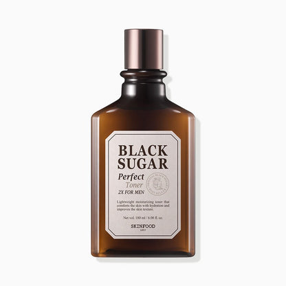 Brown glass bottle of black sugar toner for men with a minimalist white label highlighting brightening benefits