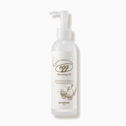 Clear bottle of pore-cleansing oil with white pump top and label featuring eggs illustration for deep cleansing