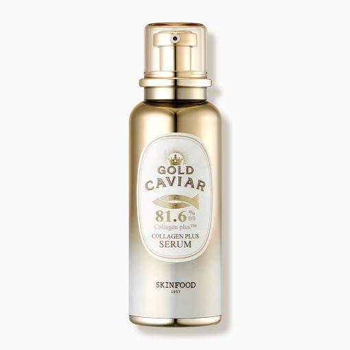 Sleek gold and white pump bottle of nourishing collagen plus serum with elegant label detailing caviar ingredient benefits